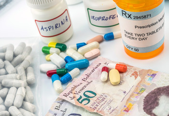 Medicines next to banknotes of Venezuela, shady deal of medication in full crisis of country of Latin America, conceptual image