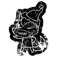 angry wolf cartoon distressed icon of a wearing santa hat