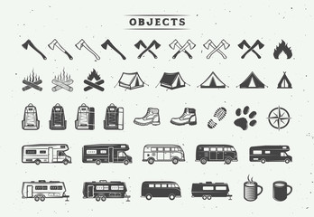 Set of vintage camping outdoor and adventure elements. Can be used logos, badges, labels, emblems, marks and design elements. Graphic Art. Vector Illustration.