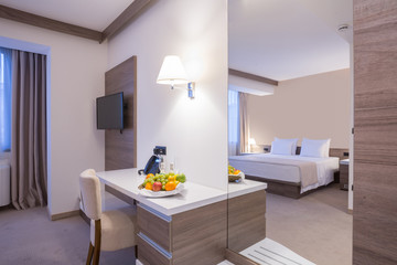 Interior of a modern new hotel bedroom