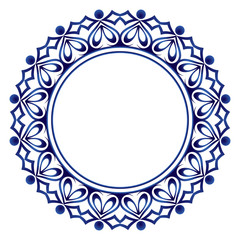 Ceramic tile pattern. Decorative round ornament. White background with art frame. Islamic, indian, arabic motifs.