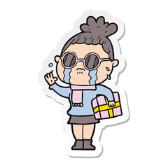 sticker of a cartoon crying woman wearing spectacles