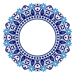 Ceramic tile pattern. Decorative round ornament. White background with art frame. Islamic, indian, arabic motifs.
