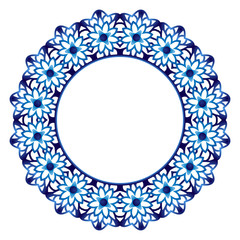 Ceramic tile pattern. Decorative round ornament. White background with art frame. Islamic, indian, arabic motifs.