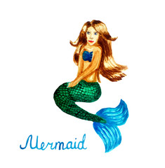 watercolor illustration of a mermaid, a girl with a fish tail