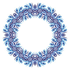 Ceramic tile pattern. Decorative round ornament. White background with art frame. Islamic, indian, arabic motifs.