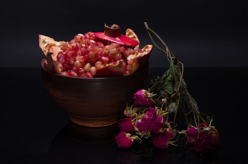 Red and black. Fresh and dry. Fruits and flowers.