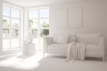 Stylish room in white color with sofa and green landscape in window. Scandinavian interior design. 3D illustration