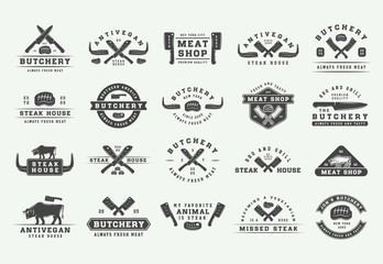 Set of vintage butchery meat, steak or bbq logos, emblems, badges, labels. Graphic Art. Illustration. Vector