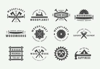 Set of vintage carpentry, woodwork and mechanic labels, badges, emblems and logo. Vector illustration. Monochrome Graphic Art.