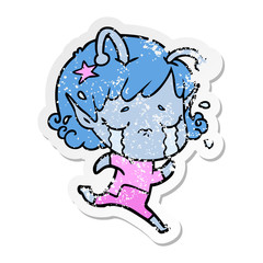 distressed sticker of a cartoon crying alien girl