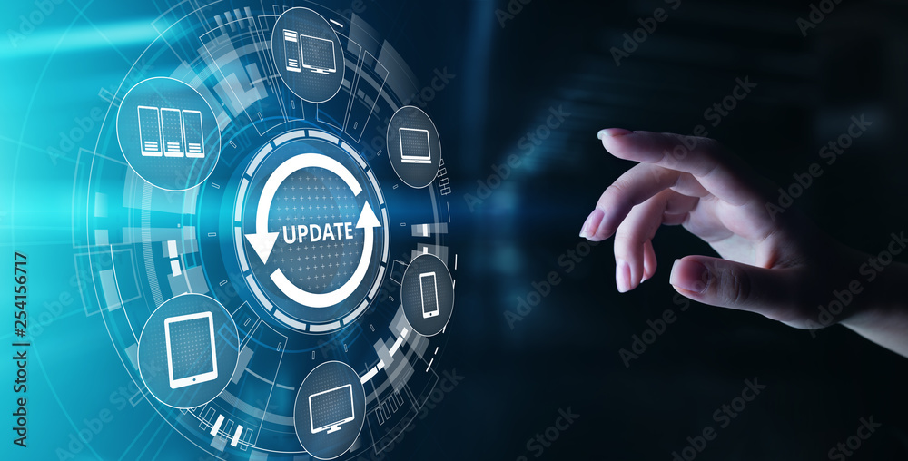 Poster update system upgrade software version technology concept on virtual screen.