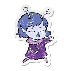 distressed sticker of a cute alien girl cartoon