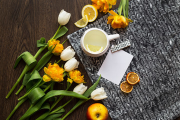 water with lemon and flowers