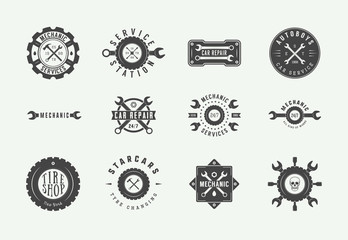Set of vintage mechanic label, emblem, badge and logo. Vector illustration. Graphic Art