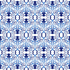Ceramic tile pattern. Islamic, indian, arabic motifs. Damask seamless pattern. Porcelain ethnic bohemian background.  Abstract flower. Print for fabric and paper