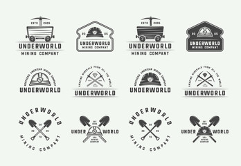Set of retro mining or construction logos, badges, emblems and labels in vintage style. Monochrome Graphic Art. Vector Illustration.