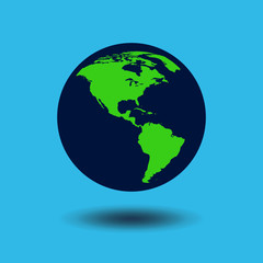 Flat design of Earth globe isolated on blue background. North and South america. Flat planet icon. Vector illustration.