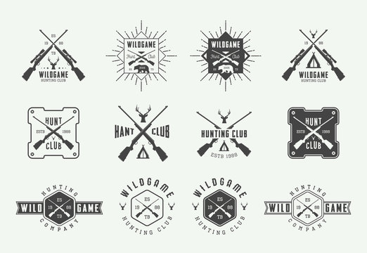 Set of vintage hunting labels, logos, badges, emblems, marks and design elements. Vector Illustration. Monochrome Graphic Art.