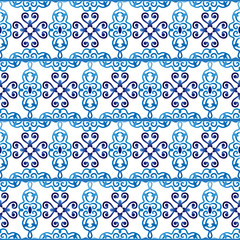 Ceramic tile pattern. Islamic, indian, arabic motifs. Damask seamless pattern. Porcelain ethnic bohemian background.  Abstract flower. Print for fabric and paper