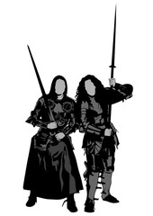 Young women in old knightly clothes on white background