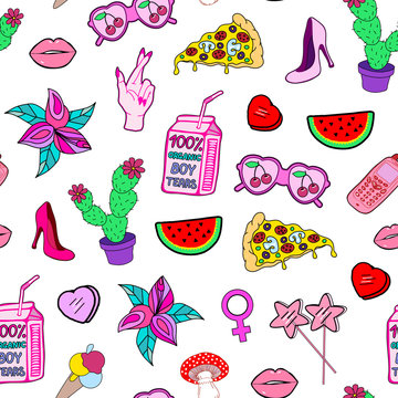 Seamless pattern with patches with lollipops, high hills shoes, watermelon slice, pizza, sunglasses, boy tears drinks, hearts, mushrooms, cactuses, lips, etc. White background.