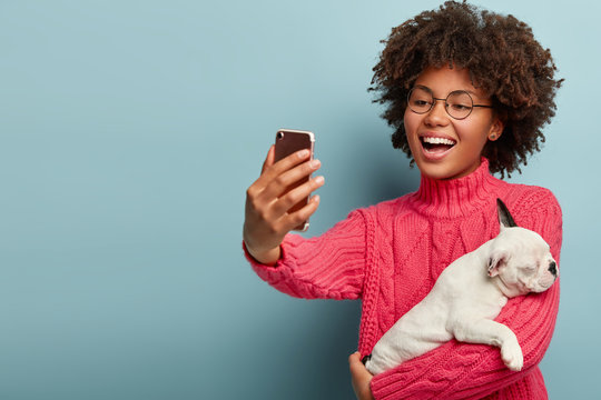 Beautiful cheerful dark skinned woman shoots online video about breed of dog for her blog, gives advice for followers how care this breed, takes picture of herself with pet via cellular, laughs