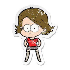 distressed sticker of a happy cartoon girl