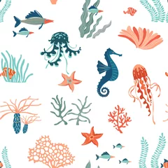 Wall murals Sea waves Marine Life flat vector seamless pattern background. Underwater animals wildlife