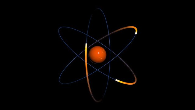 atom - blue and orange atomic particle with electrons rotating around nucleus - 3d animation.