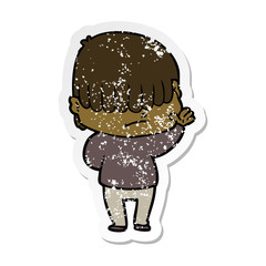 distressed sticker of a cartoon boy with untidy hair