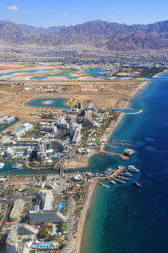 Eilat, ISRAEL -February 28, 2019: Flying over the coast at Eilat of Israel.