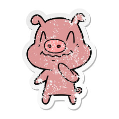 distressed sticker of a nervous cartoon pig