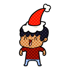 comic book style illustration of a laughing boy wearing santa hat