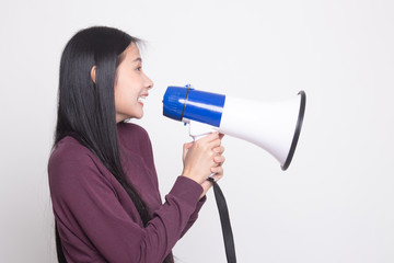 Beautiful young Asian woman announce with megaphone.