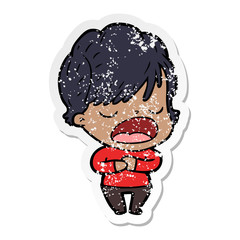 distressed sticker of a cartoon woman talking