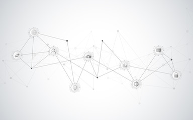 Technical abstract background with connecting dots and lines. Digital technology and communication concept with flat icons.