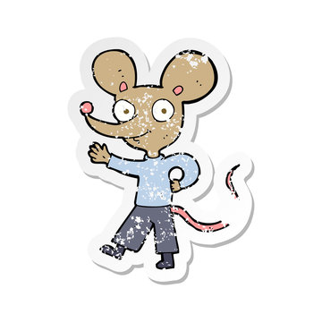 retro distressed sticker of a cartoon waving mouse