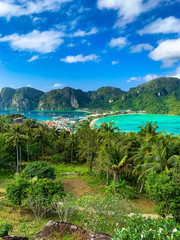 Vacation in tropical climate concept. The beautiful island of Phi Phi don view from the view point