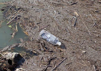 A empty plastic bottle littering the muddy ground surface.