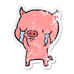 distressed sticker of a cartoon pig crying