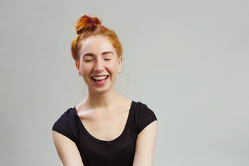 Happy woman Laughing. Closeup portrait woman smiling with perfect smile and white teeth looking...
