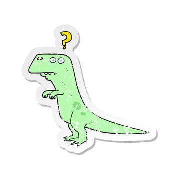 retro distressed sticker of a cartoon confused dinosaur