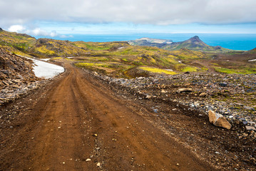 Road through Snaefellsjokull National Park in northern direction of Snaefellsnes peninsula in Western Iceland.