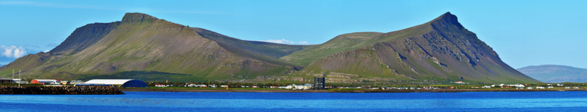 Panoramic view at Akrafjall mountain and Akranes town in the border of  Faxa Bay in Vesturland region of Iceland.