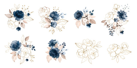 Définir des éléments de conception à l& 39 aquarelle de roses collection jardin fleurs bleu marine, feuilles, branches d& 39 or, illustration botanique isolée sur fond blanc.