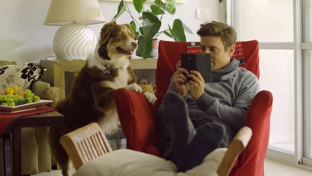 A dog and a man sitting on a sofa watching a smartphone, wide shot four takes