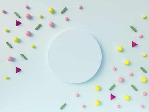3d render,  colorful geometrical forms in abstract pastel blue background.   Empty space for text. Trendy background for product presentation or social media banners. Flat lay,  caotic composition. 