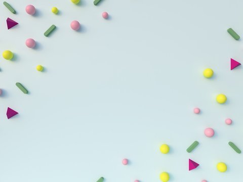 3d render,  colorful geometrical forms in abstract pastel blue background.   Empty space for text. Trendy background for product presentation or social media banners. Flat lay,  caotic composition. 