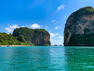 Rocks on the Coast of Thailand, Krabi, Railay beach, the view from the sea